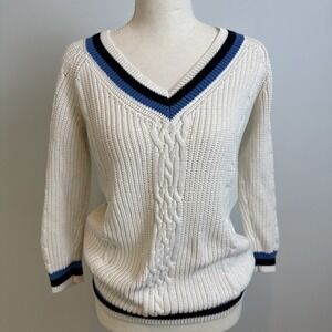 Talbots CableKnit VNeck Cotton Tennis Sweater Womens XS Preppy 90s Nautical Boat